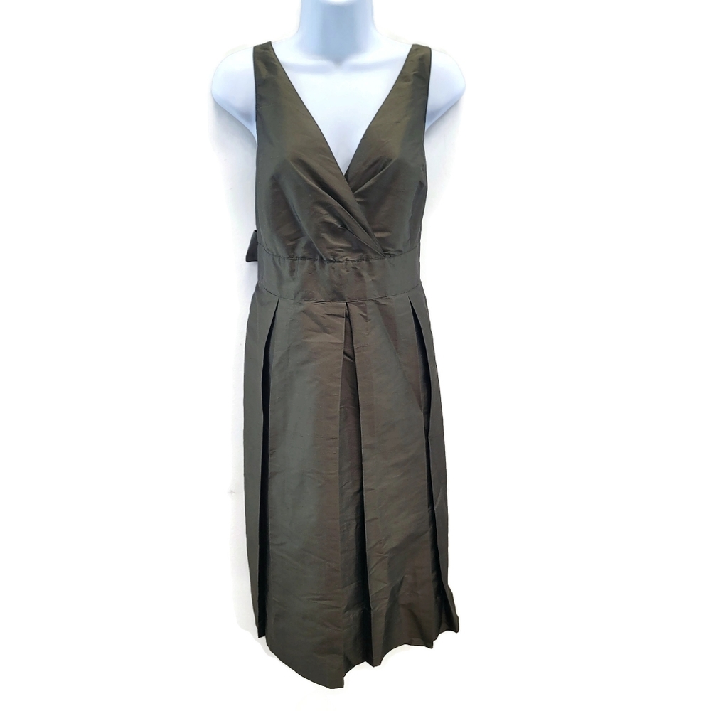 Talbots Womens Green Tie Front Silk Dress Size 12 V-Neck Open Back Smocked Event